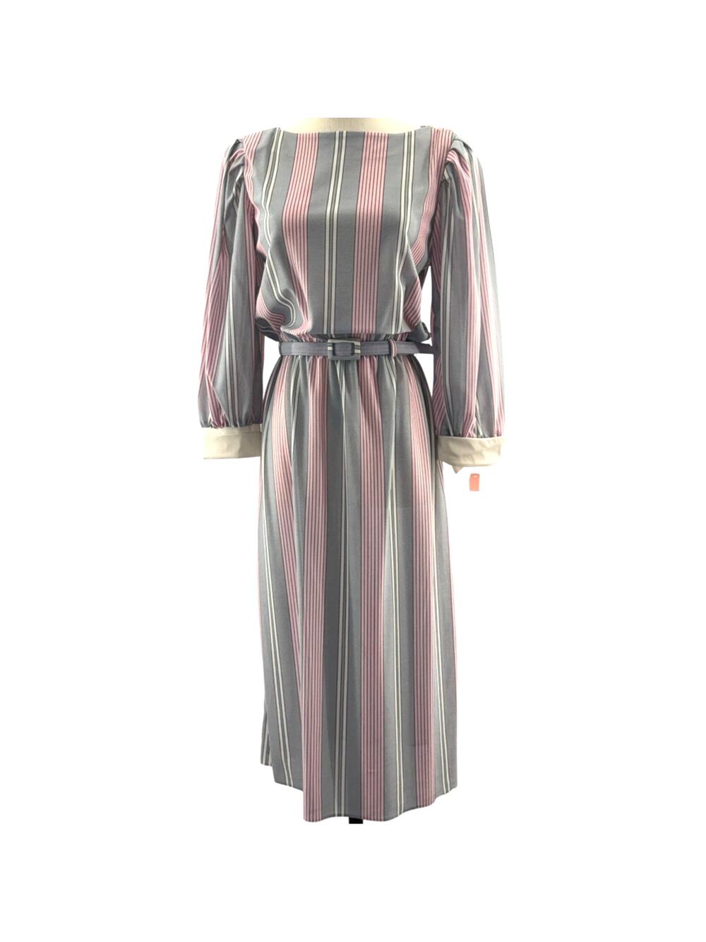 Vintage 80s Women's 11/12 Belted Midi Dress JCPenney Pink Blue Stripes